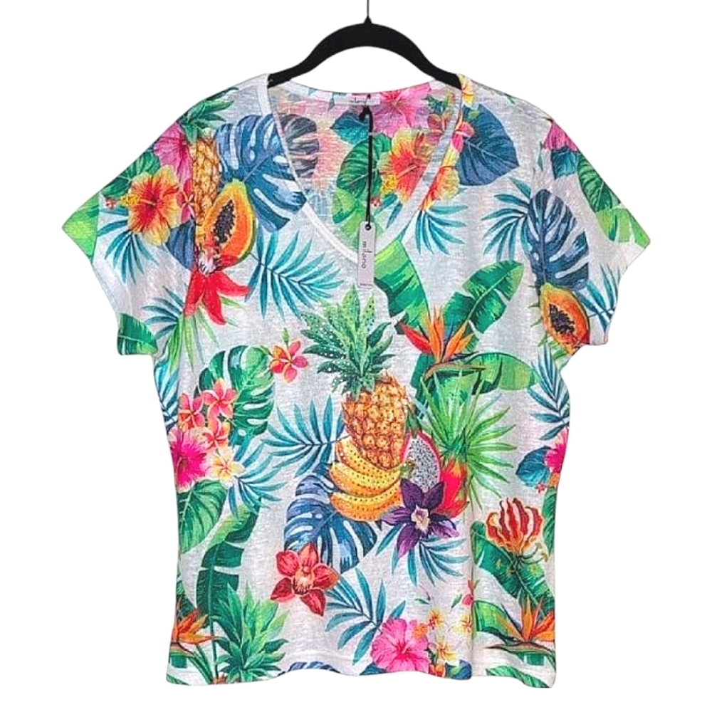 Milano Rhinestone Embellished Colorful Tropical Print Womens SS Top XL